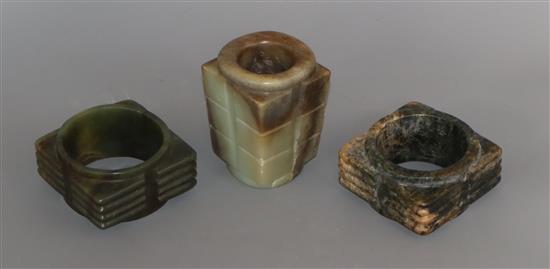 Three Chinese archaistic jade or hardstone cong H. 4.4cm - 9.5cm